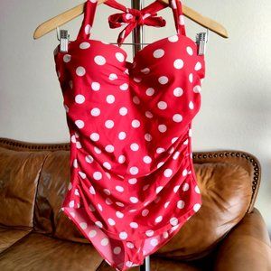 COCOSHIP Pin Up Girl Red and White Polka Dot One Piece Suit Wired bra Size 3X